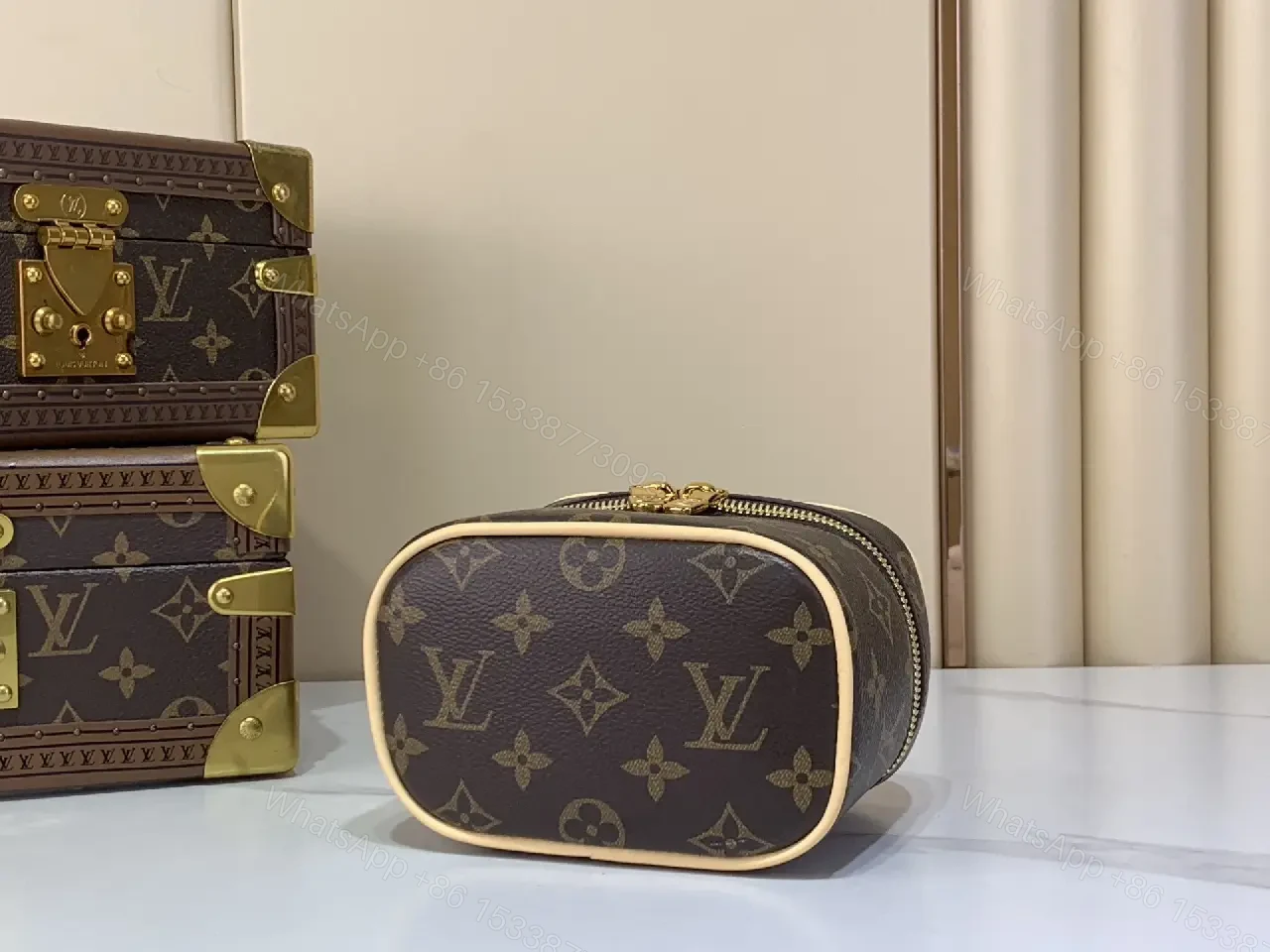 View 3 of Dark Brown/Black LV-Style Vanity Case with Gold Hardware