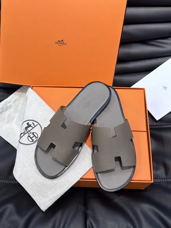 View 4 of Hermes Oran H-Cutout Leather Sandal â€“ Taupe Calfskin Luxury