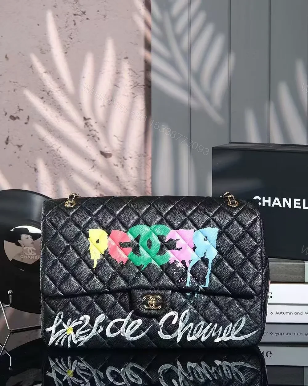 View 2 of Graffiti Quilted Leather Handbag with Gold Chain
