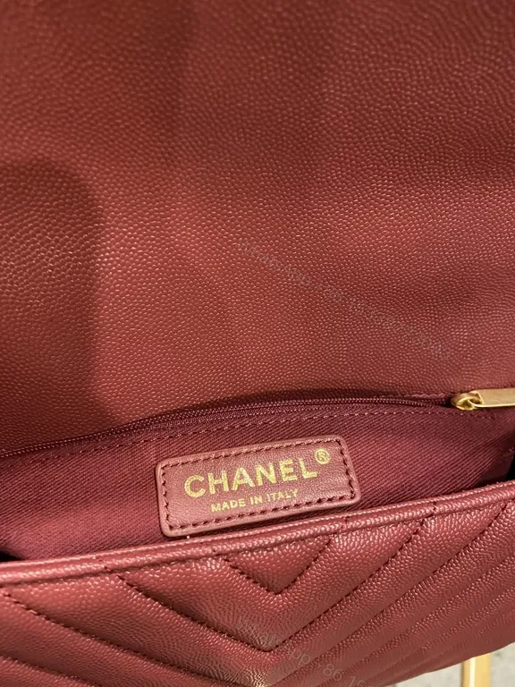 View 2 of Burgundy Chevron Leather Handbag with Gold Emblem Chanel-Inspired