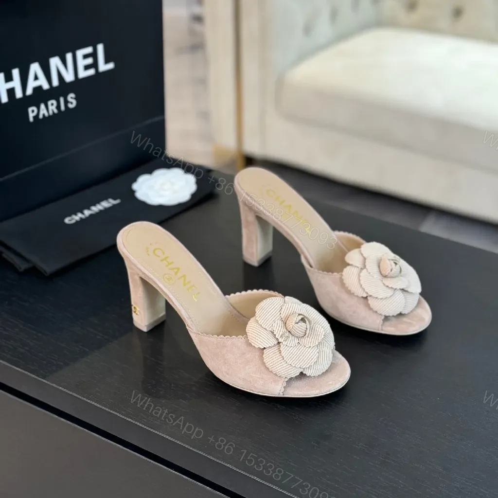 View 8 of Beige Camellia-Detail Sandals: Textured Luxury Slides