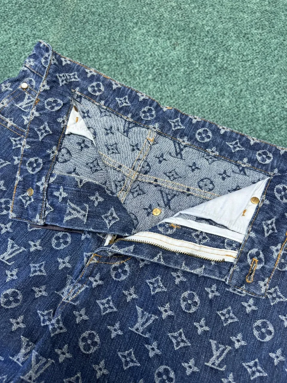 View 3 of Denim Monogram Wide-Leg Jeans — Signature Pattern, Luxe Casual