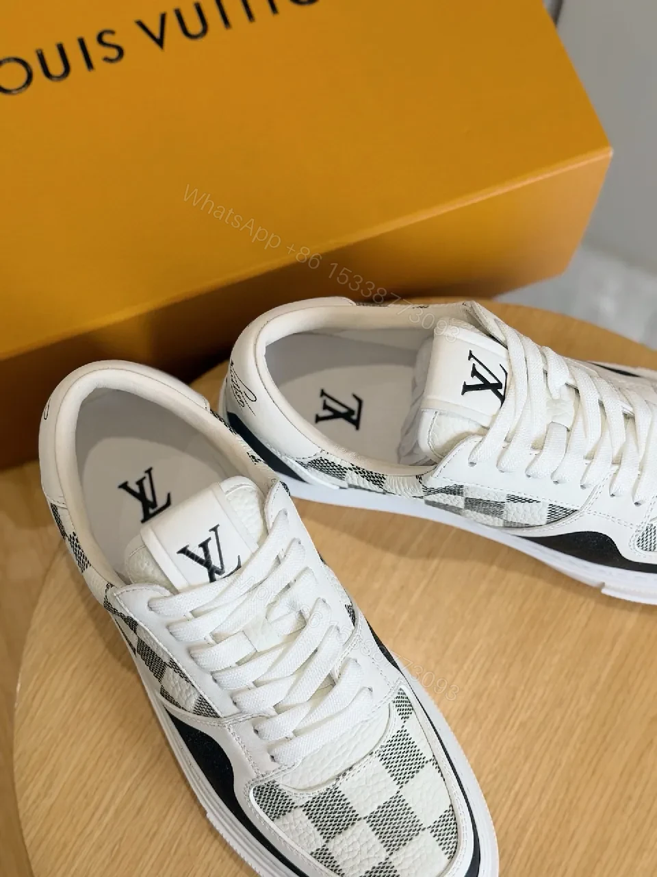 View 2 of White & Grey Checkerboard Leather Sneaker, LV Detail, Low-Top