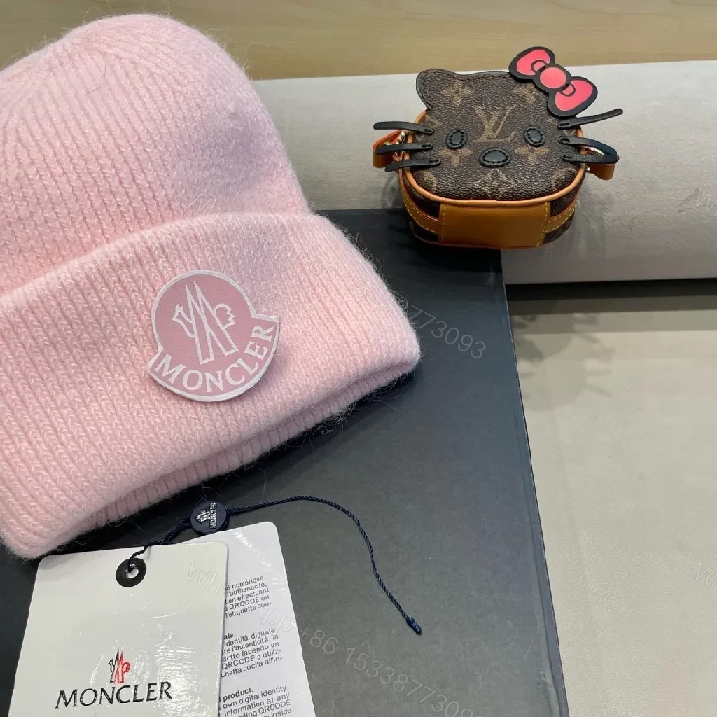 View 5 of Soft Pink Wool Beanie: Luxe Moncler Patch, Cozy Everyday Wear