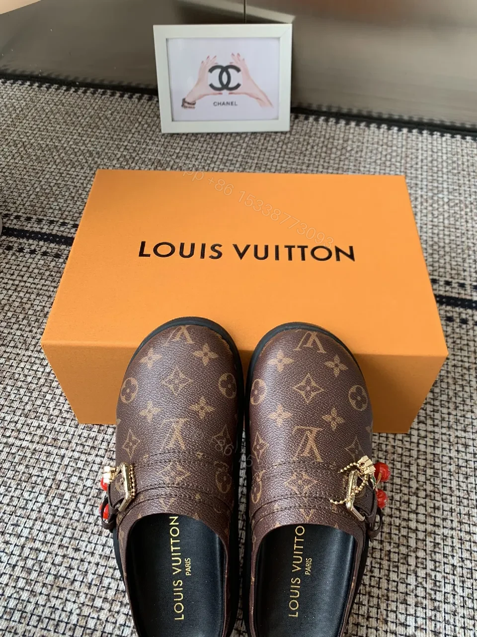 View 3 of Brown Monogram-Canvas Loafers with Gold Hardware, Slip-On Comfort