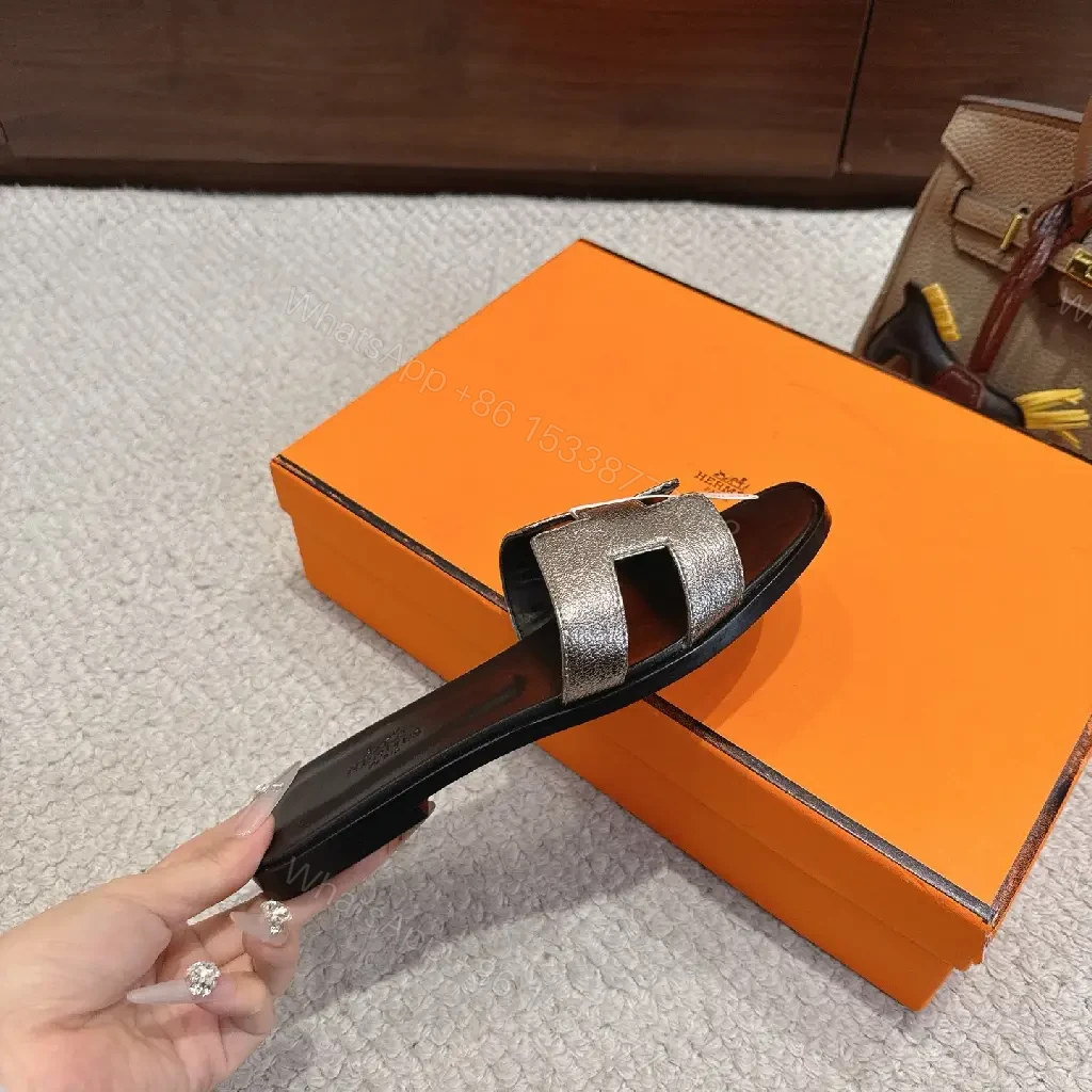 View 5 of Silver Hermès-Style H Sandals, Metallic Strappy Slide, Luxury Open Toe Slide