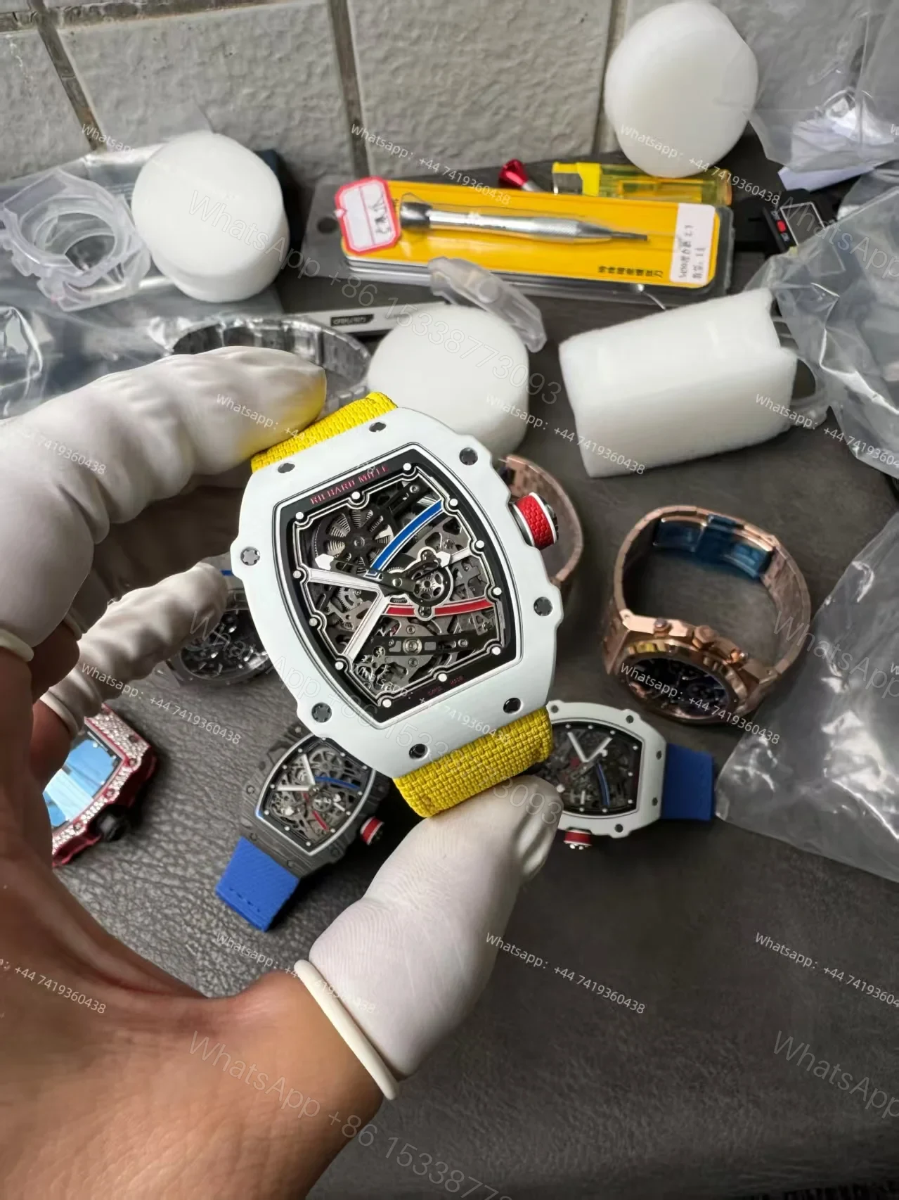 View 7 of Super Clone Richard Mille RM67-02 White Ceramic Skeleton Tourbillon 1:1 Replica Watch with Yellow Strap