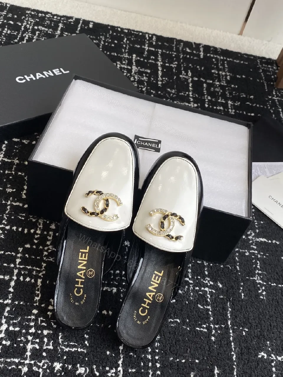 View 3 of Ivory-Black Leather Mules: Gold-C Logo Slip-Ons