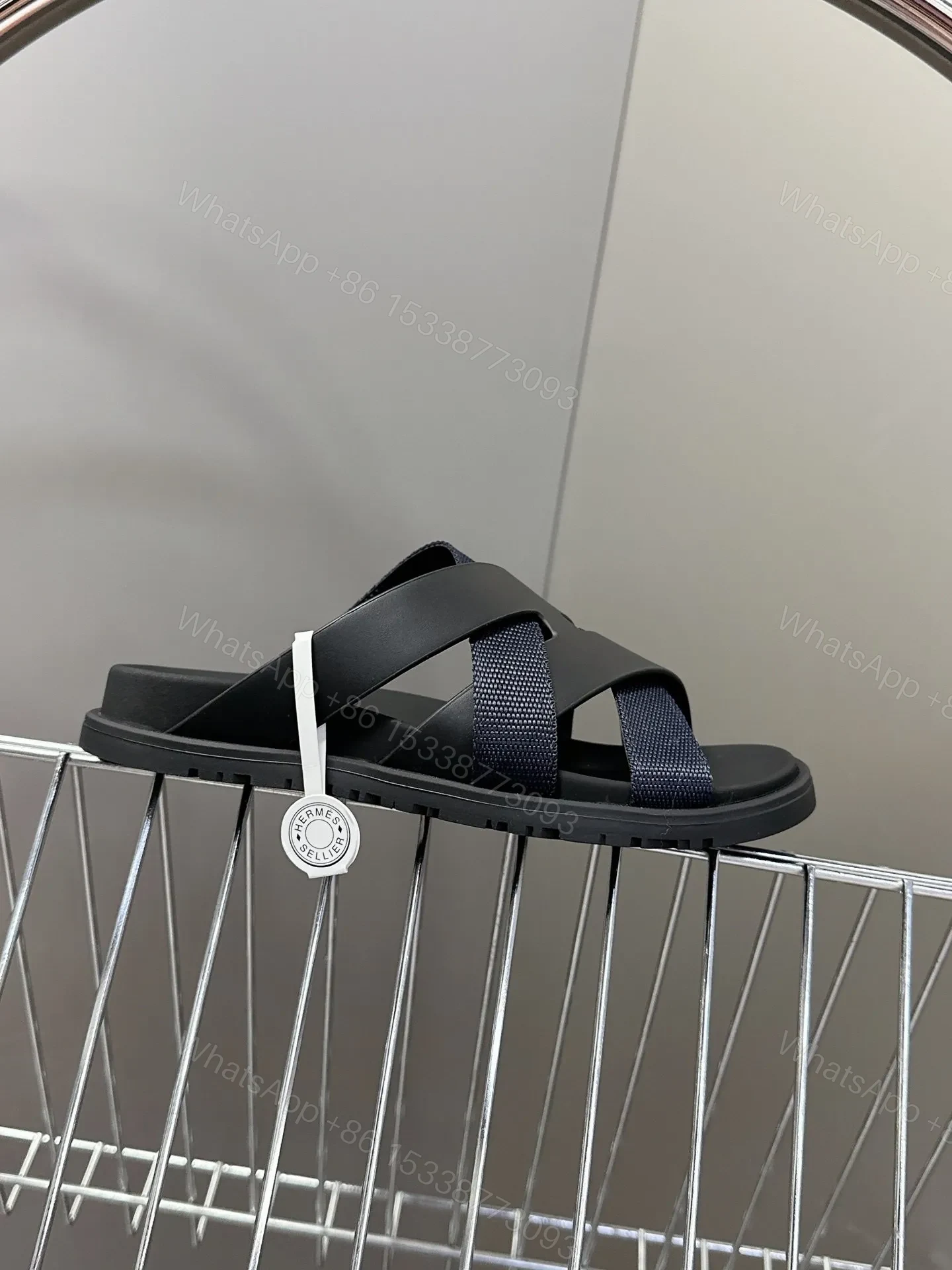 View 6 of Hermes Women Navy Blue Leather And Fabric Sandals