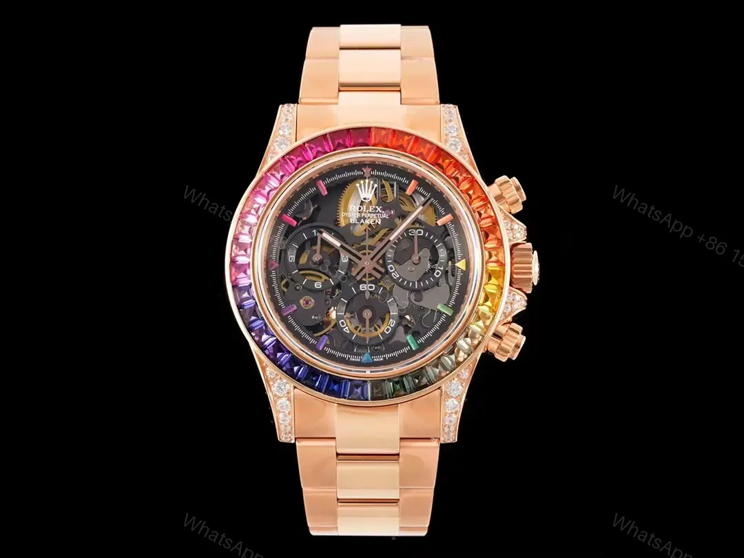 Best Rolex Rainbow Skeleton Daytona replica 40MM Rose Gold Oyster Bracelet Edition ROLEX-DAYTONA-RB-SKEL-RG-40 — view 1