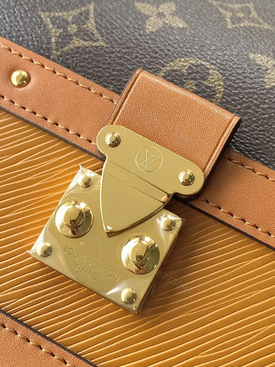 View 7 of Brown Monogram Canvas Satchel with Tan Leather Trim, Structured Style, Gold Hardware, Top Handles