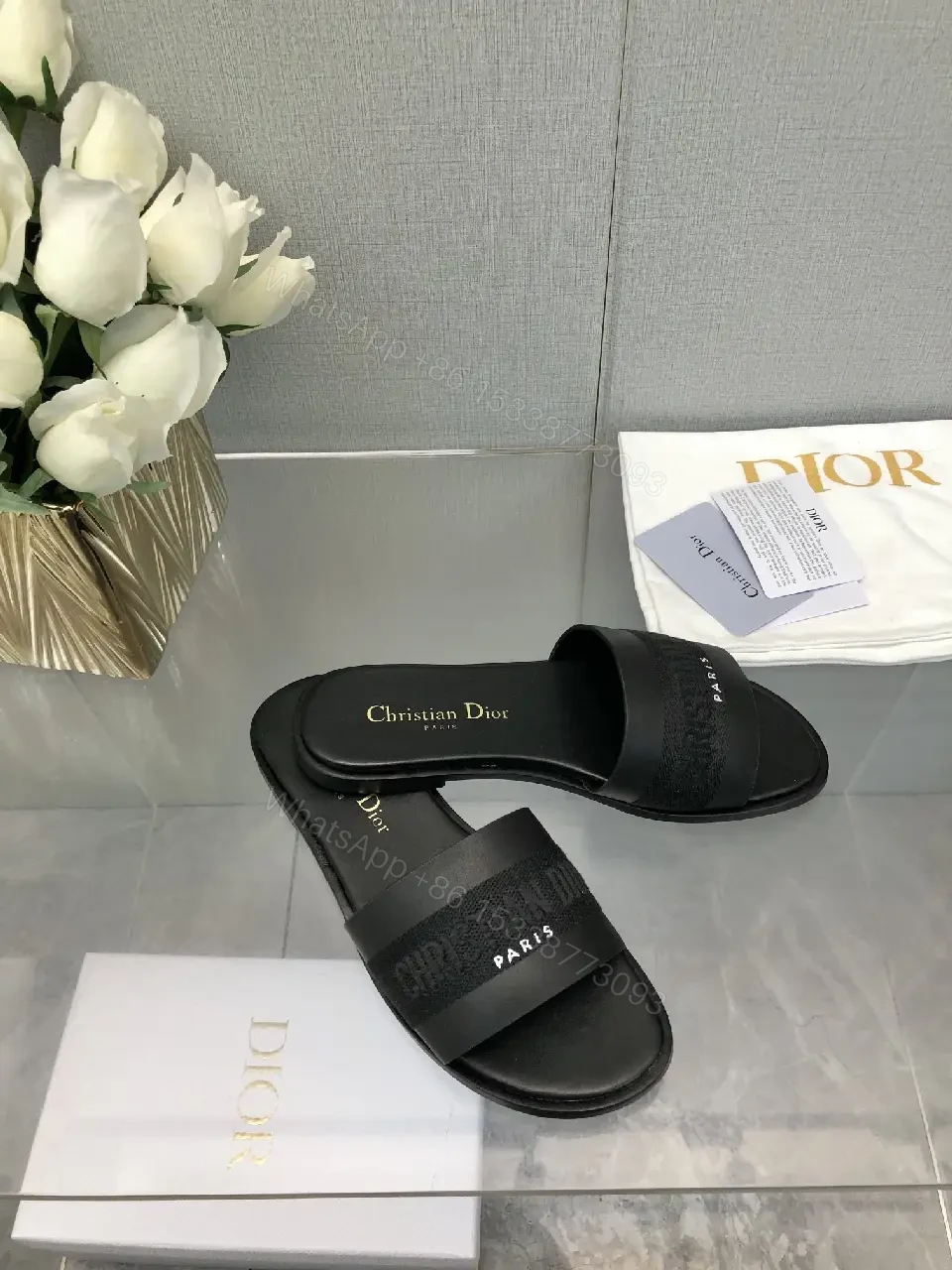View 2 of Black Satin Strap Slide Paris Logo Sandals - Dior Style