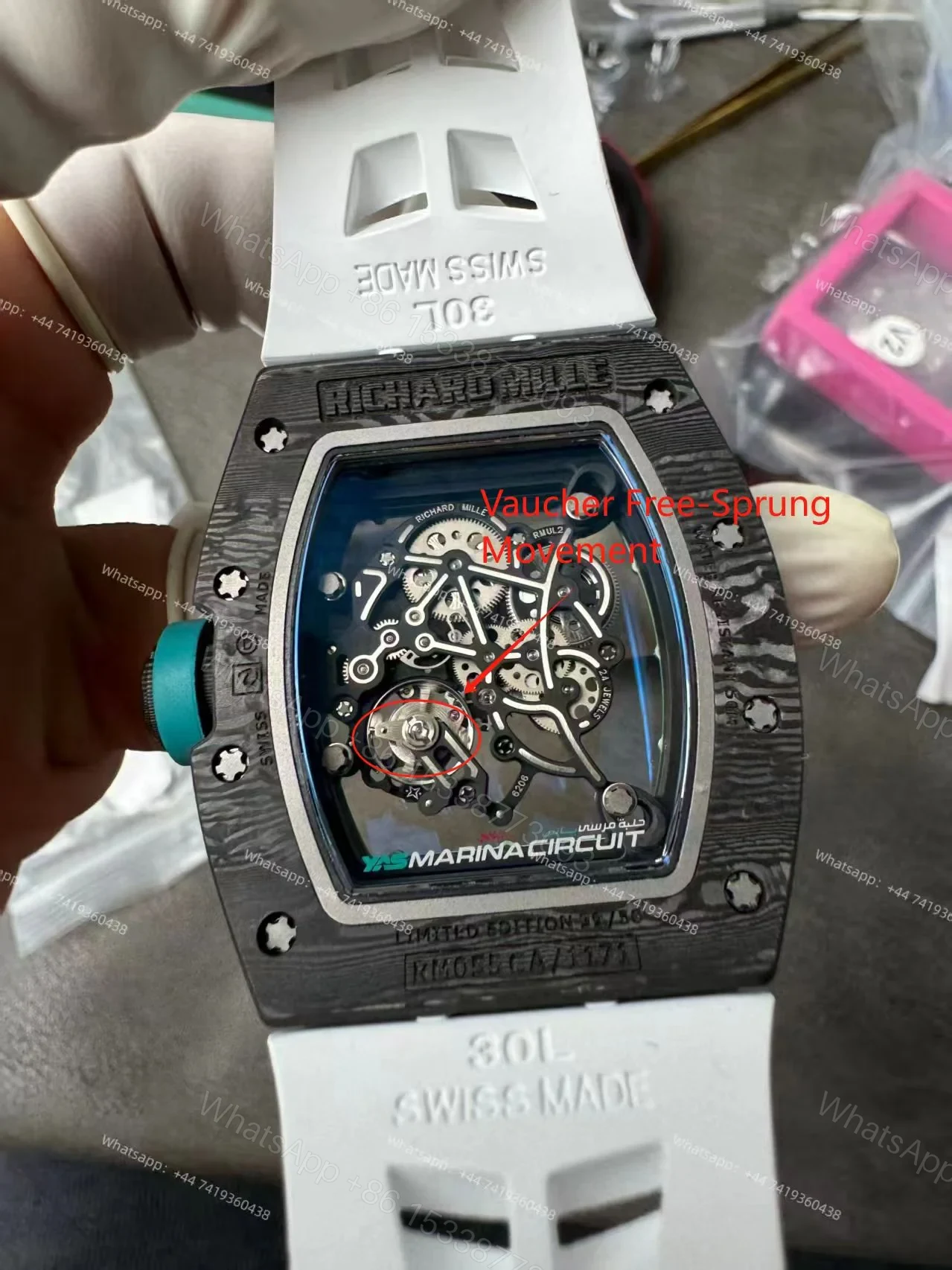 View 2 of Richard Mille RM 055 “Yas Marina Circuit” Carbon TPT Vaucher Free-Sprung White Rubber Strap Custom Super Clone