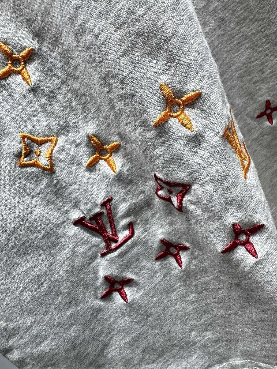 View 2 of Grey Cotton Tee with Subtle LV Embroidery, Relaxed Crewneck, Mid-Weight Comfort