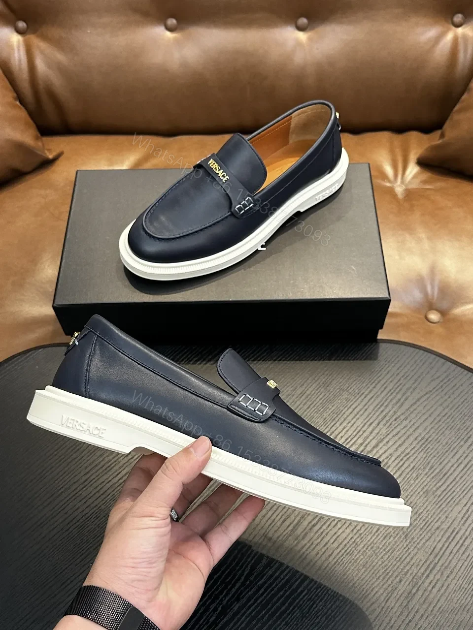 View 6 of Navy Leather Driver Loafers with Gold Hardware Details