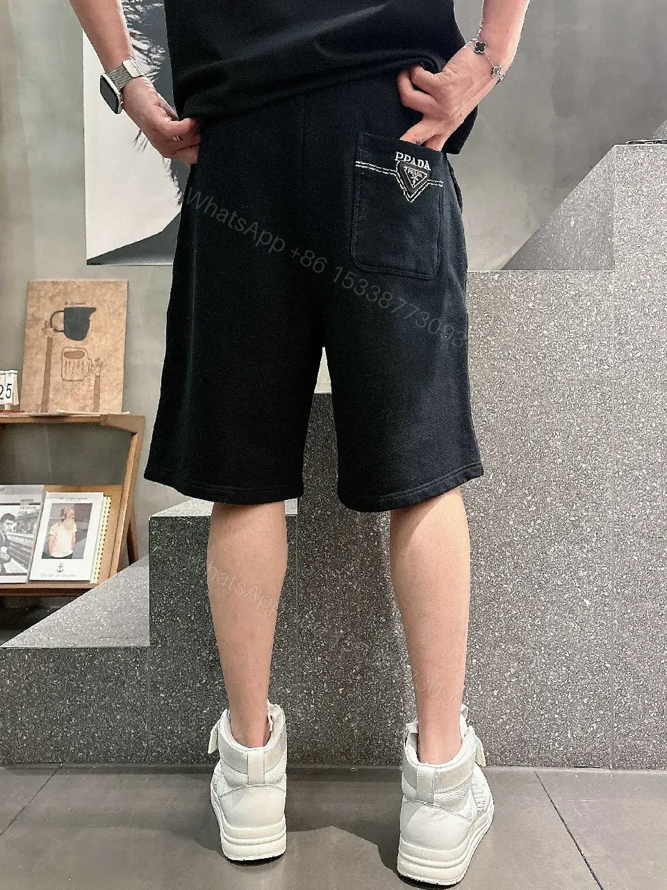 View 7 of Black Cotton Shorts Prada Logo Casual Style with Drawstring
