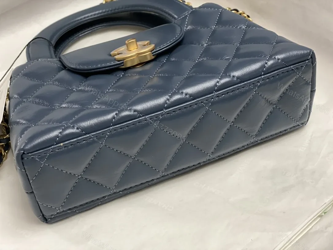 View 9 of Blue Quilted Mini Bag: Structured Luxury, Gold Hardware