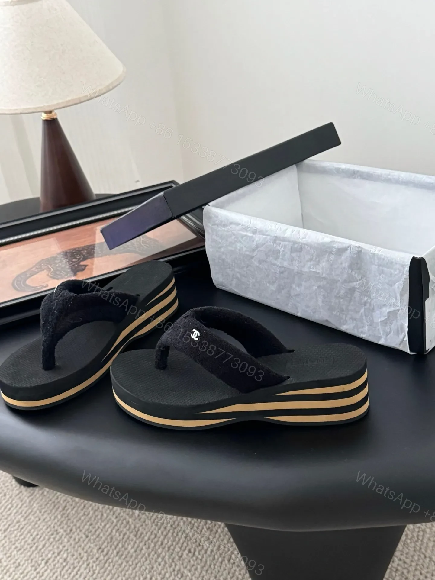View 2 of Chanel Women Black Fabric Strap Flip Flop Sandals