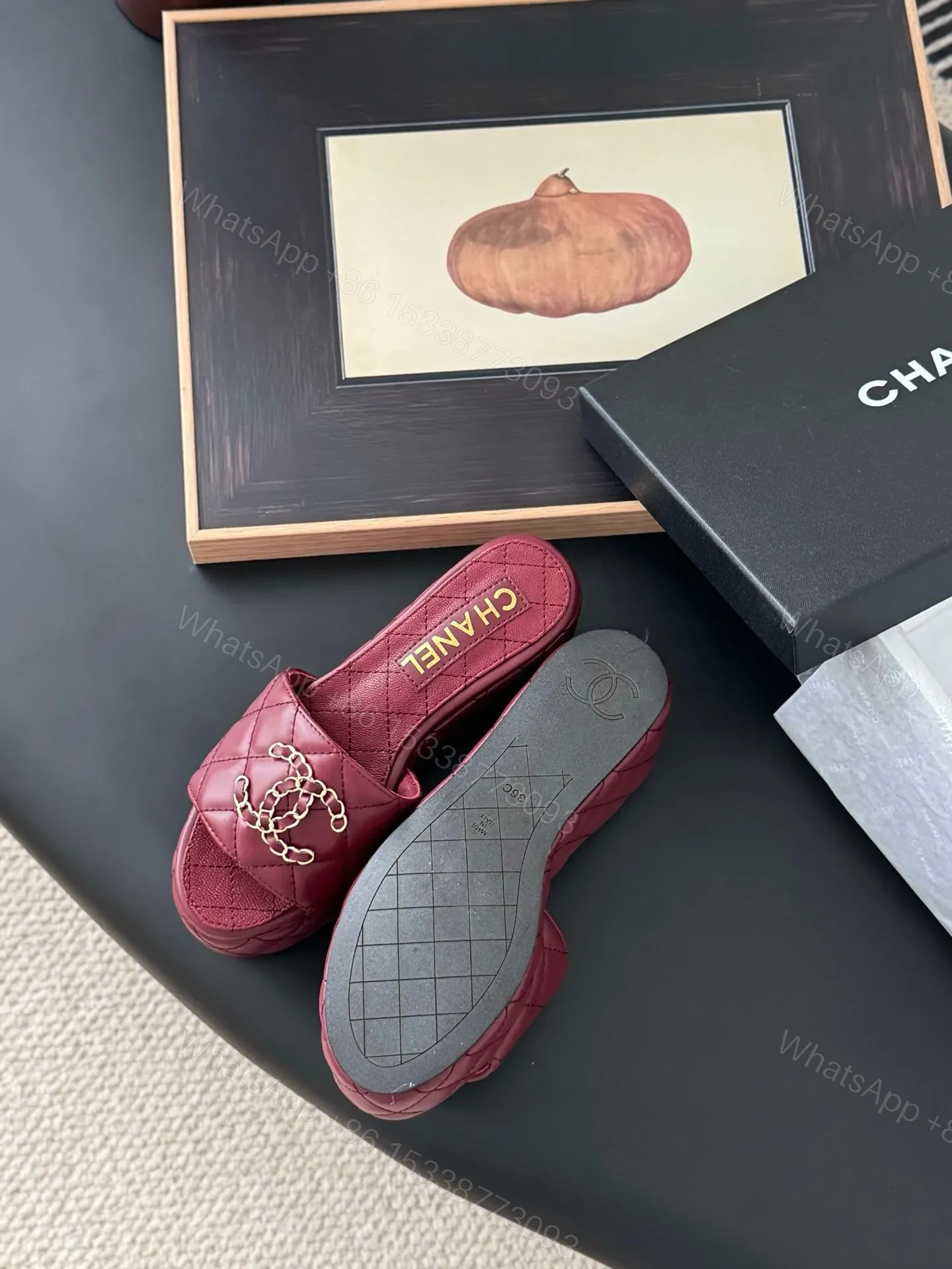View 4 of Chanel Women Burgundy Quilted Leather Slides