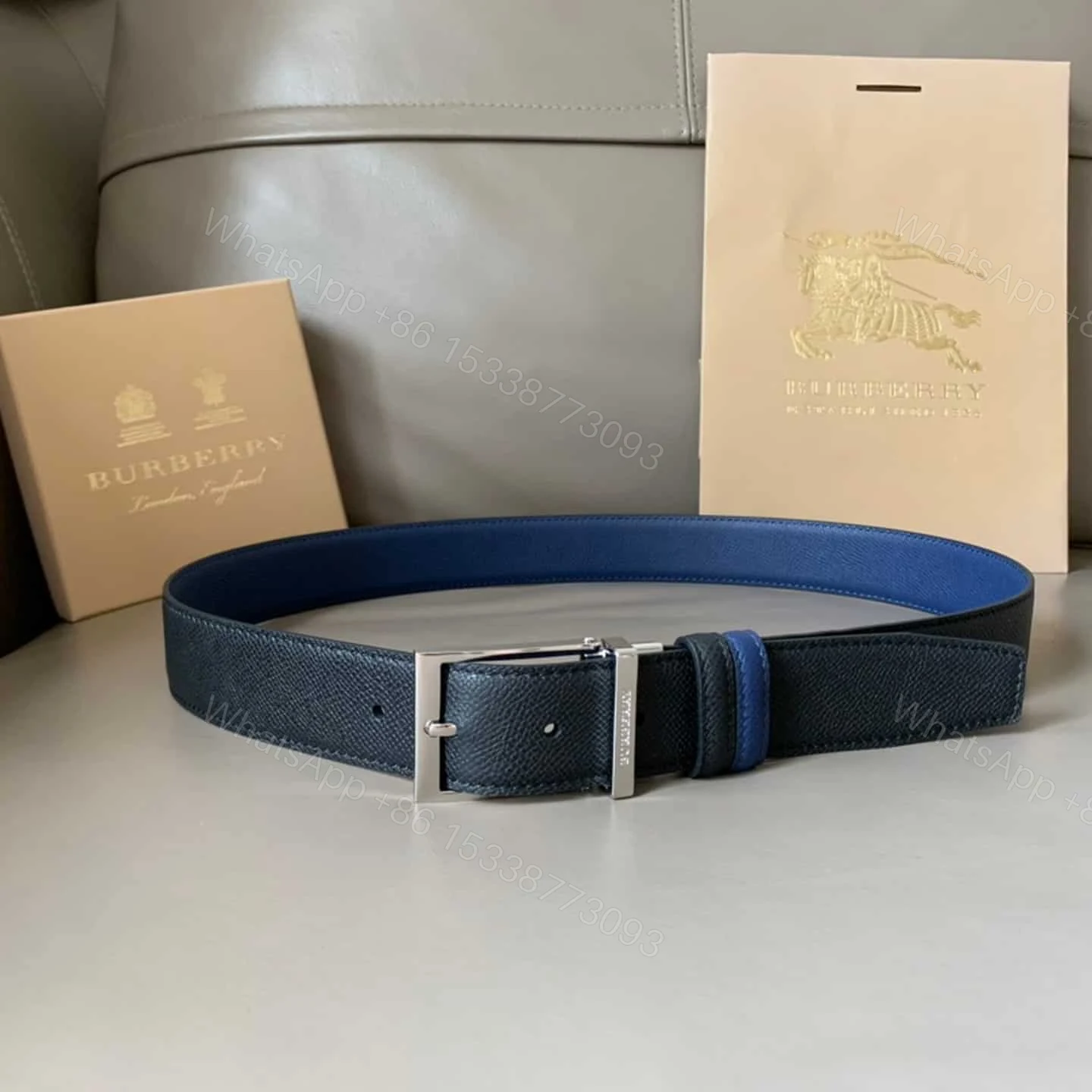 View 2 of BURBERRY REVERSIBLE LONDON CHECK AND LEATHER BELT DARK CHARCOALBLACK – B29