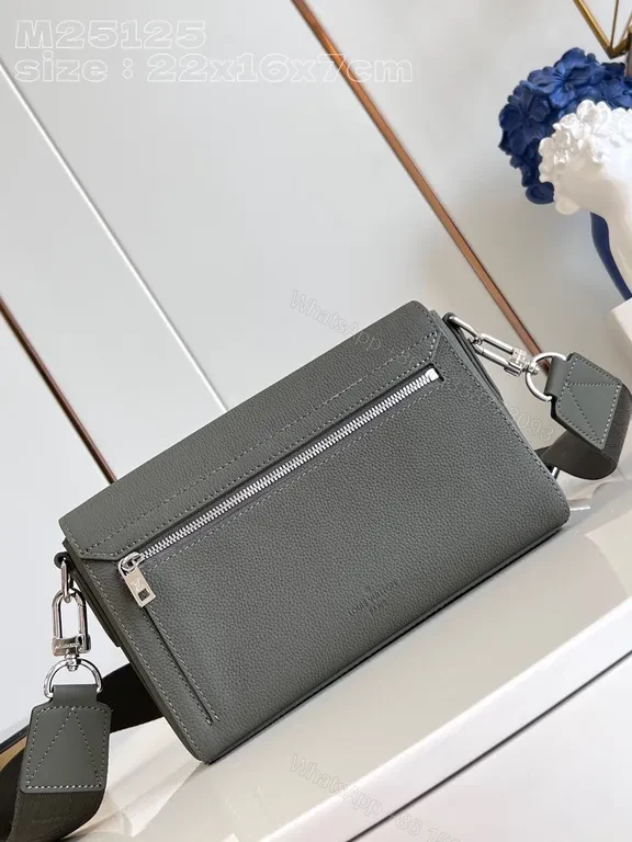 View 9 of Compact Luxe Crossbody with LV Monogram, Gray, Pebbled Leather, Everyday Style