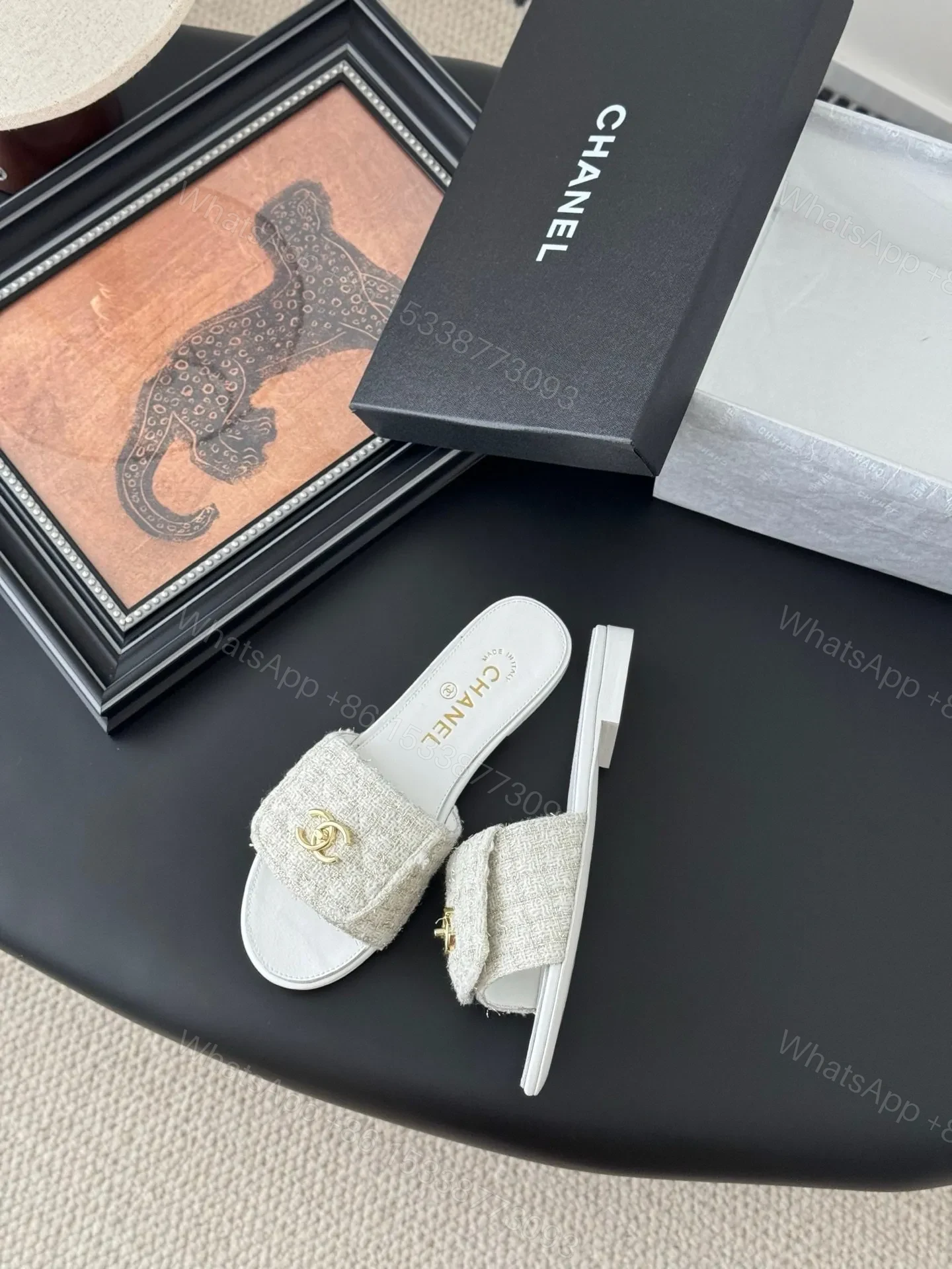View 3 of Chanel Women Beige Tweed Slides