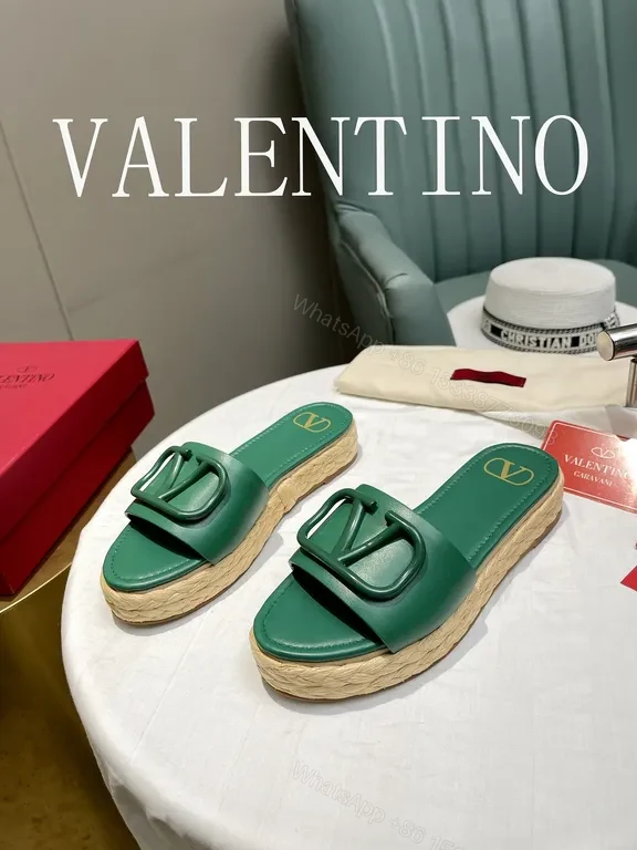 View 3 of Valentino Garavani Green Leather Slides with V Buckle