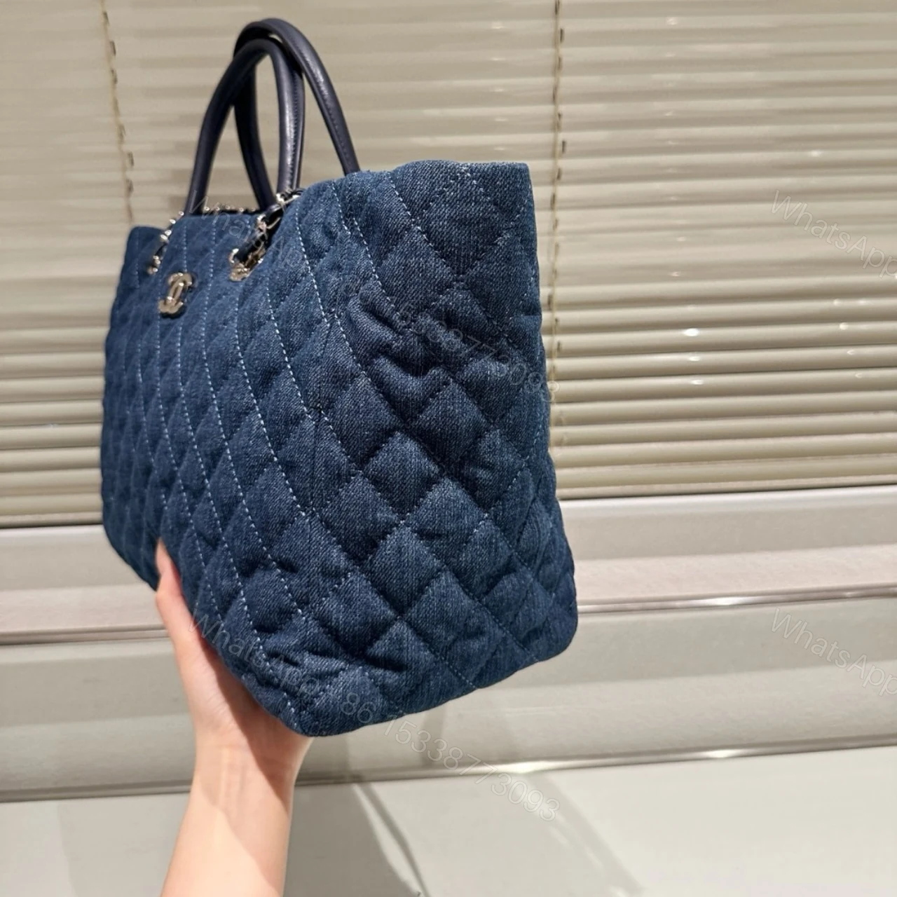 View 3 of CHANEL QUILTED LARGE COCO HANDLE SHOPPING TOTE DENIM BLUE 37CM
