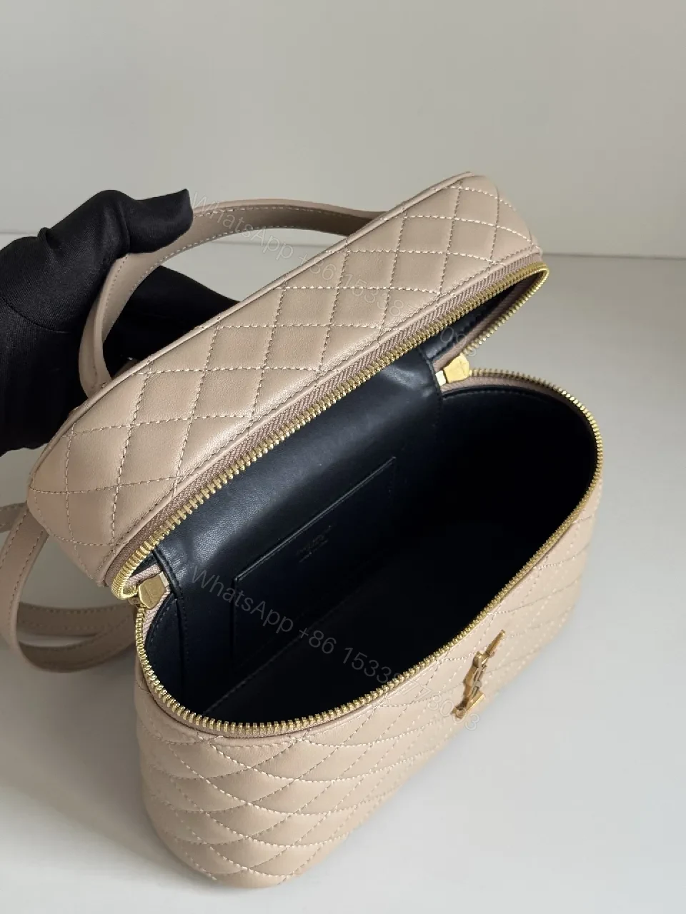 View 2 of Quilted Blush Mini Bag with Gold Hardware, Elegant Crossbody