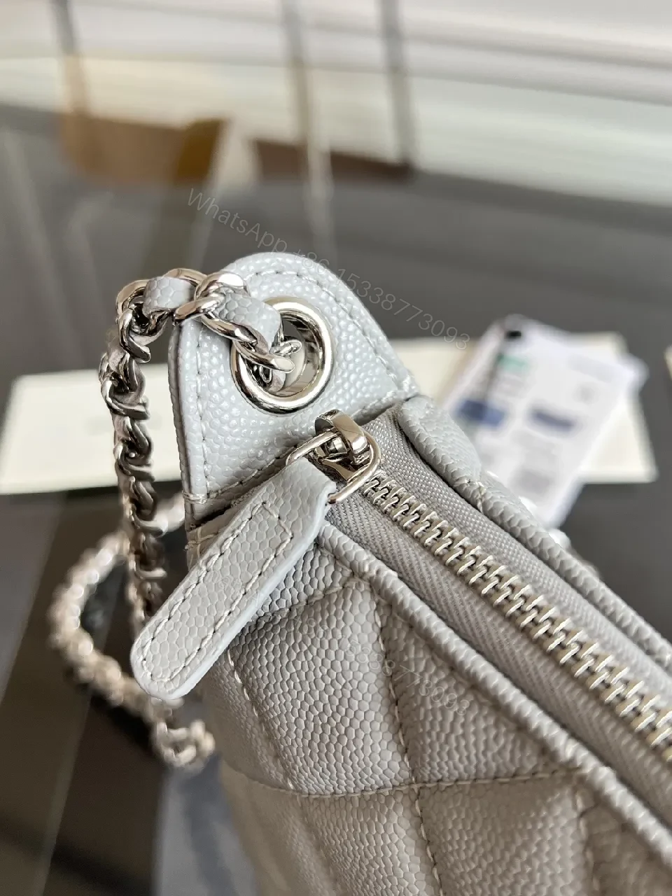 View 5 of Quilted Grey & Pink Mini Bag Set: Double-C Hardware, Chain Strap