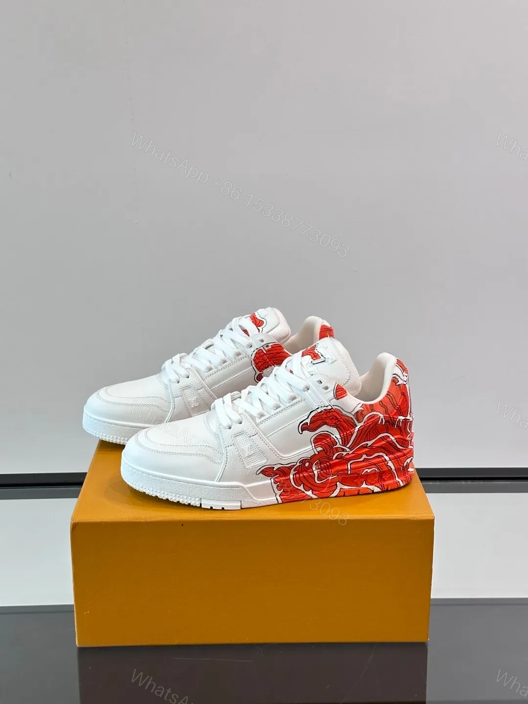 View 3 of LV Men White Leather Sneakers With Red Floral Design