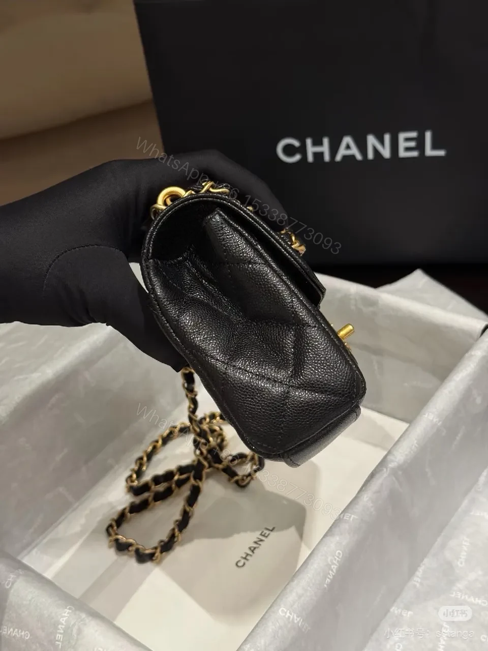 View 5 of Black Quilted Calfskin Flap Bag with Gold Chain - Compact Luxury Bag