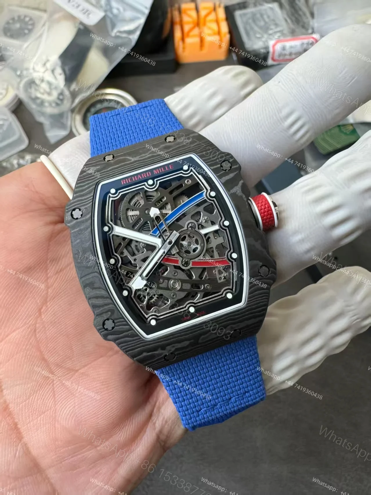 View 5 of Super Clone Richard Mille RM67-02 Carbon TPT Skeleton Tourbillon 1:1 Replica Watch with Blue Strap