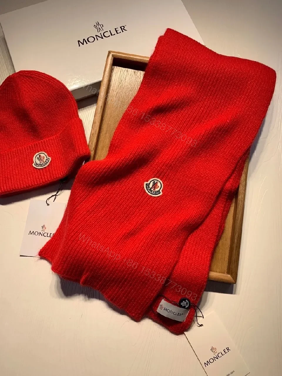 View 4 of Bold Red Knit Set – Luxe Warmth with Signature Emblem