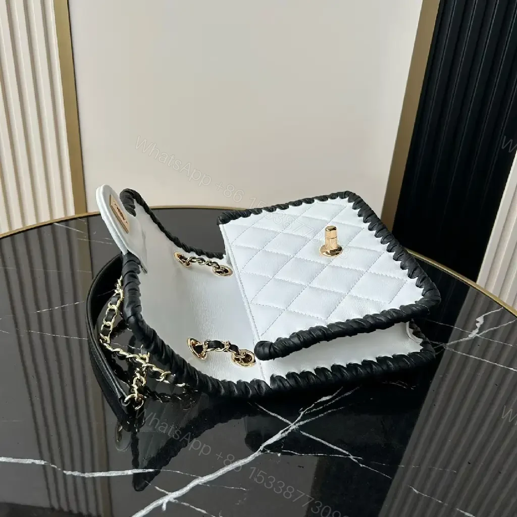View 5 of White Leather Quilted Flap Bag with Chain Trim, Gold Logo