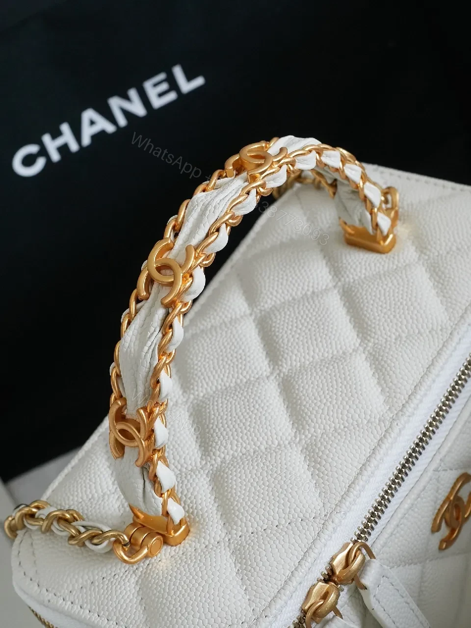 View 5 of White Quilted Mini Bag with Gold Chain