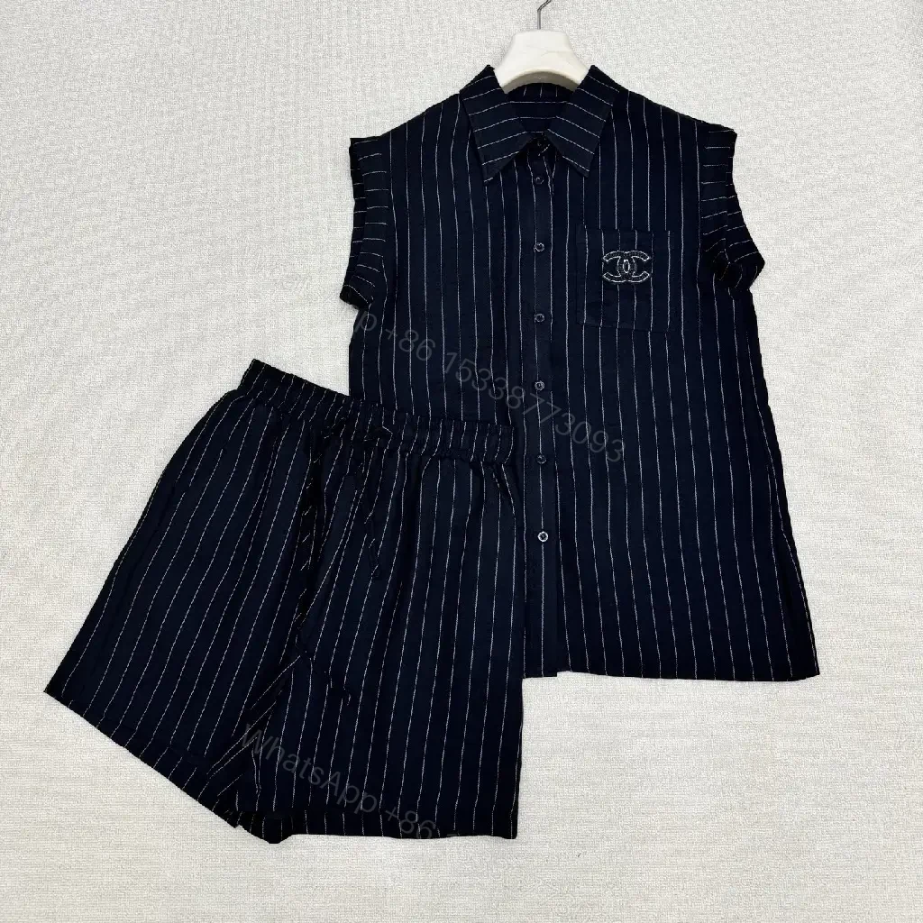 View 12 of Navy Pinstripe Linen Set with Chanel Logo Pocketless Style