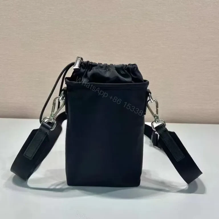 View 2 of Black Nylon Messenger Bag — Faux Prada Logo, Drawstring Closure, Adjustable Strap