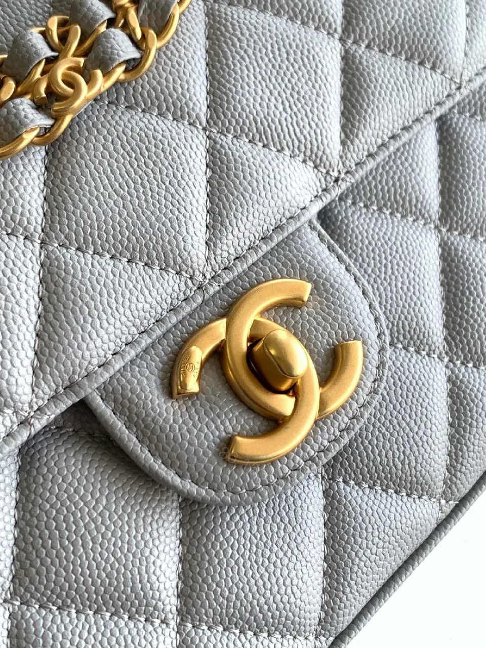 View 5 of Gray Quilted Classic Bag with Gold Chain, Structured Silhouette
