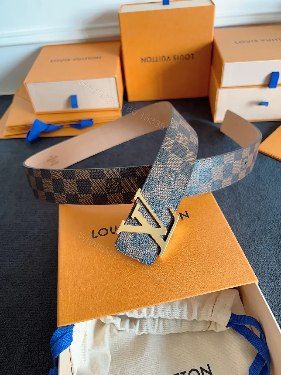 View 5 of Damier Pattern Belt: Gold Buckle, Adjustable, Luxury-Style Accessory