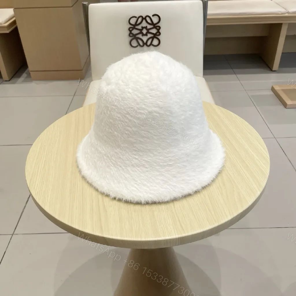 View 3 of White Fuzzy Bucket Hat - Pink Monogram Designer-Inspired Logo