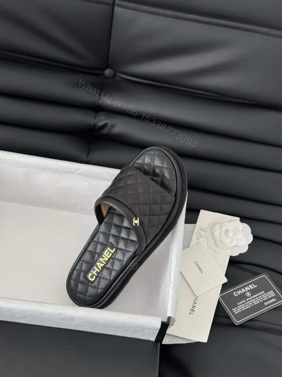 View 3 of Quilted Black Leather Slip-Ons with Gold Hardware – Ultra-Luxe Comfort