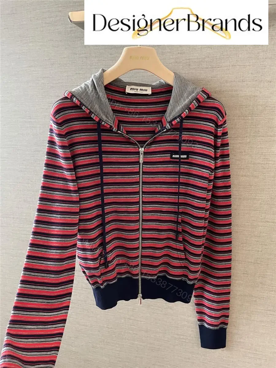 View 4 of Miu Miu Striped Knitted Zip-Up Hoodie