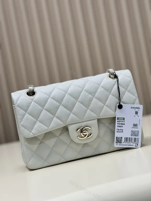 Pearl White Quilted Bag â€“ Gold CC Logo Leather Handbag — view 1