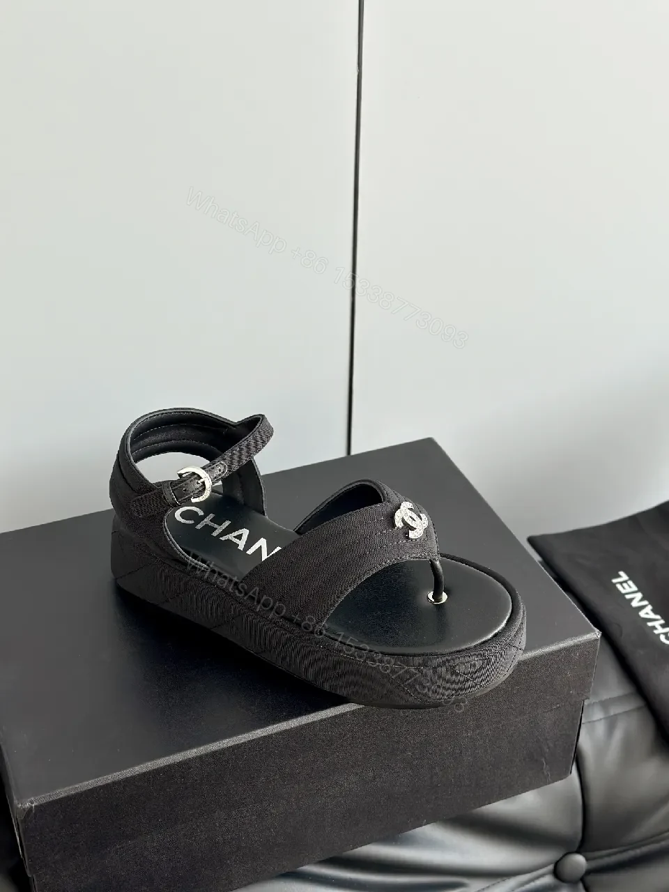 View 9 of Lux Black Sandals • Textured Upper • Logo Strap Luxe Comfort