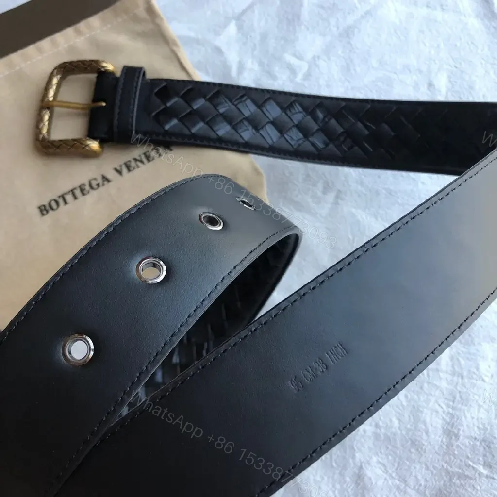 View 9 of Intrecciato Leather Belt with Brass Buckle — Luxury Everyday