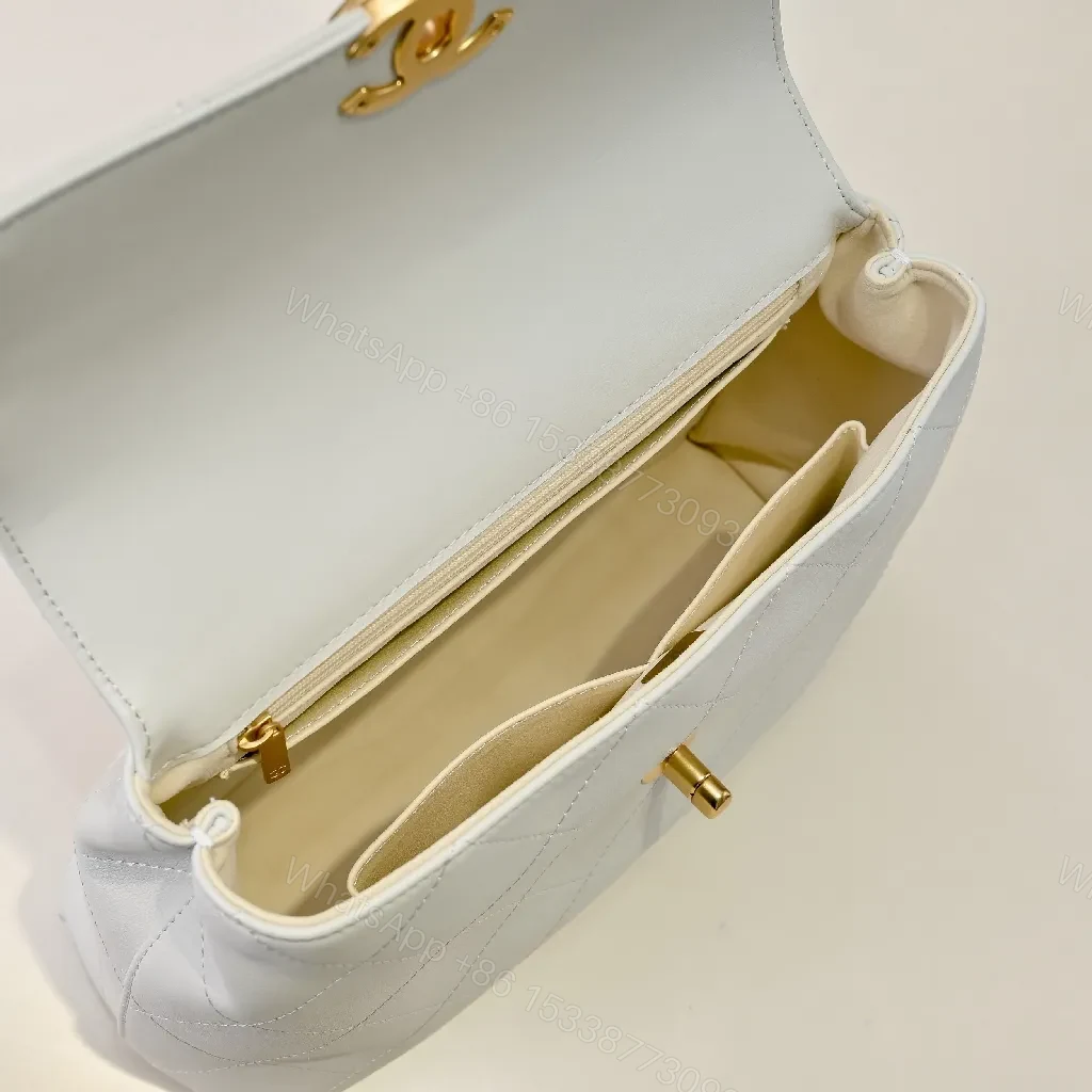 View 8 of White Quilted Flap Bag, Gold Clasp, Chain-Interlace Carrying Style, Luxury LivingBag
