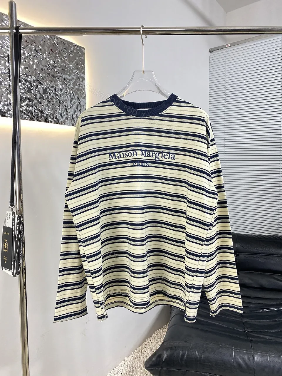 Navy Stripe Cotton Crewneck Sweater with Subtle Logo — view 1