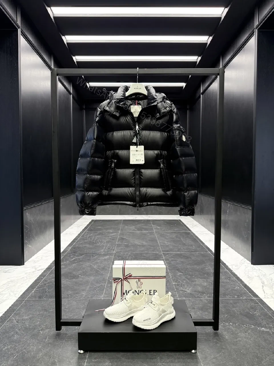 View 3 of Lux-Plush Puffer Jacket + Off-White Knit Sneakers Set