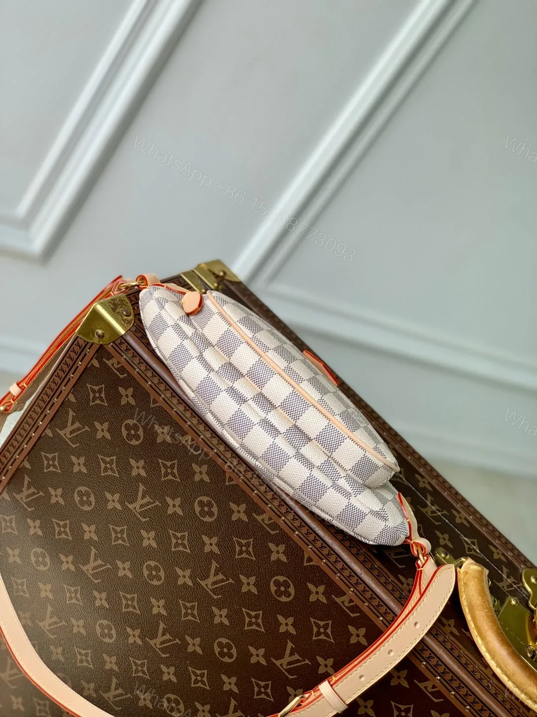 View 4 of LV KEEPIT BUMBAG 29 IN WHITE GREY CHECKERBOARD PATTERN DAMIER AZUR COATED CANVAS